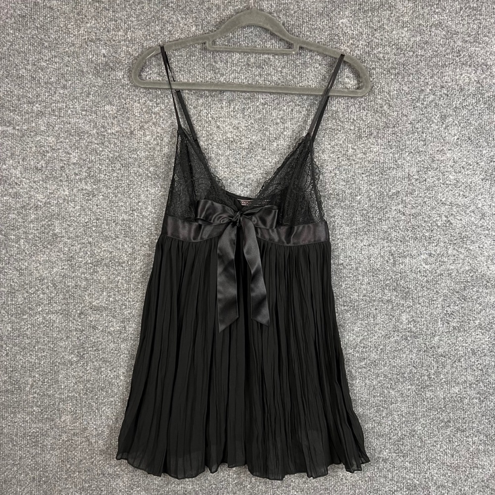 Victoria's Secret Babydoll Lingerie Womens M Black Excellent Lace Pleated Bow